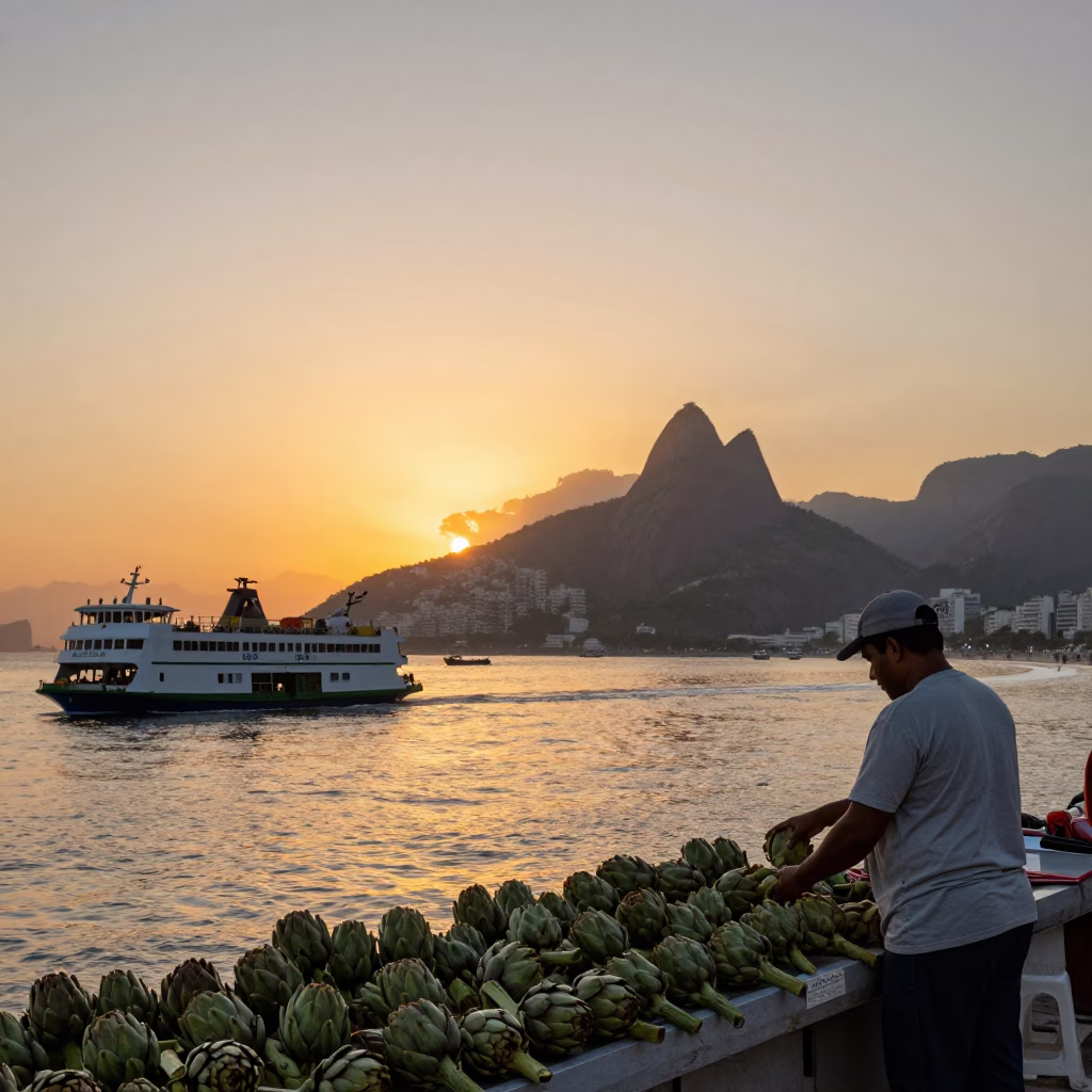 Sunset in Rio de Janeiro Brazil with Artichokes and Ferry Crossing Harbor in in Rio de Janeiro, Brazil