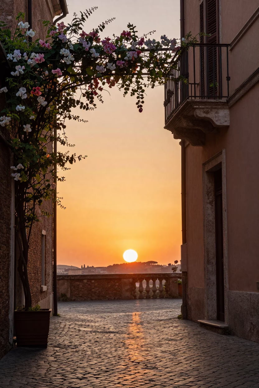 Sunset in Rome at As The Sun Drops Toward The Horizon in in Rome, Italy
