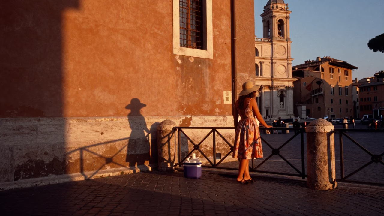 Sunset in Rome Italy with Sun Hat and Cooler Jug on Historic Street Corner in in Rome, Italy
