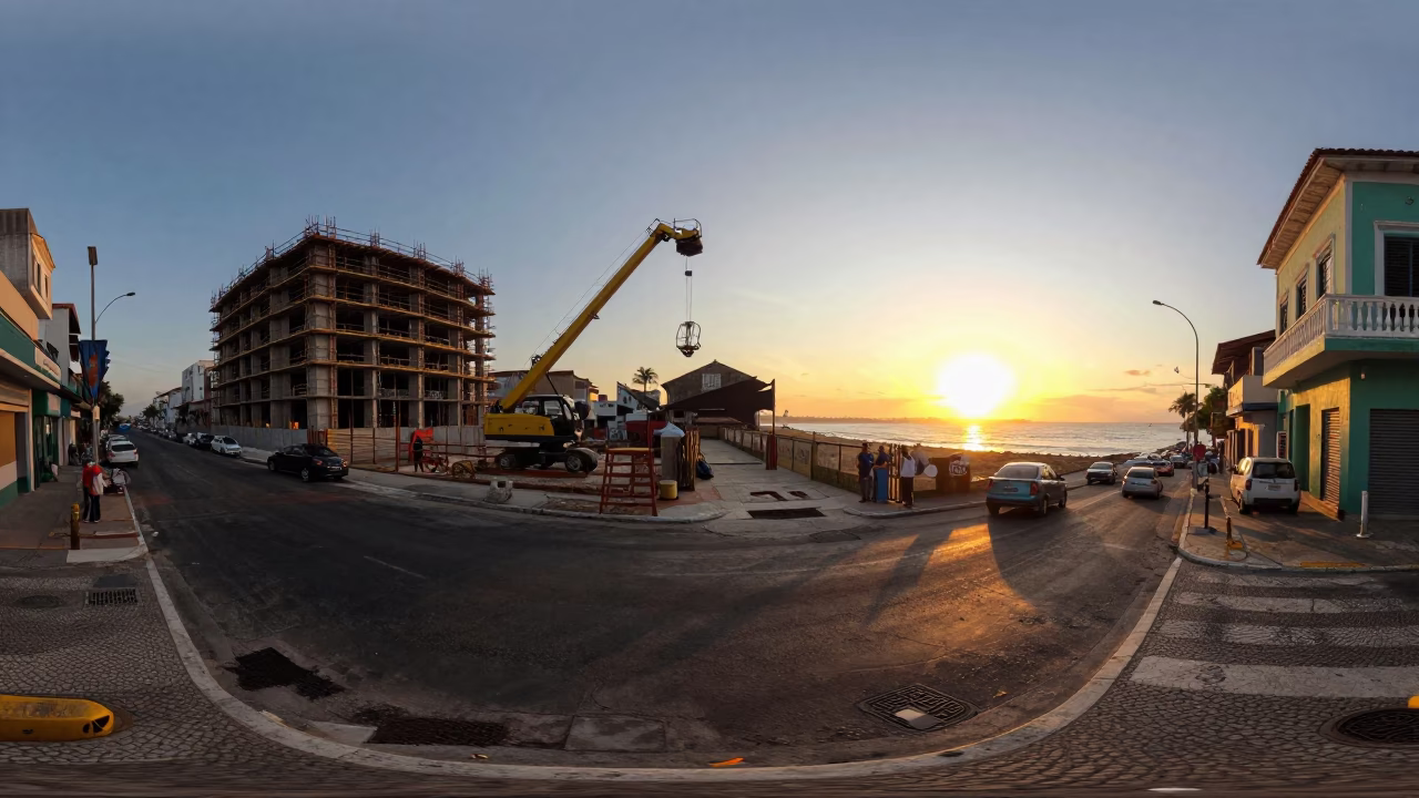 Sunset in Salvador Brazil with construction site and local street activity in in Salvador, Brazil