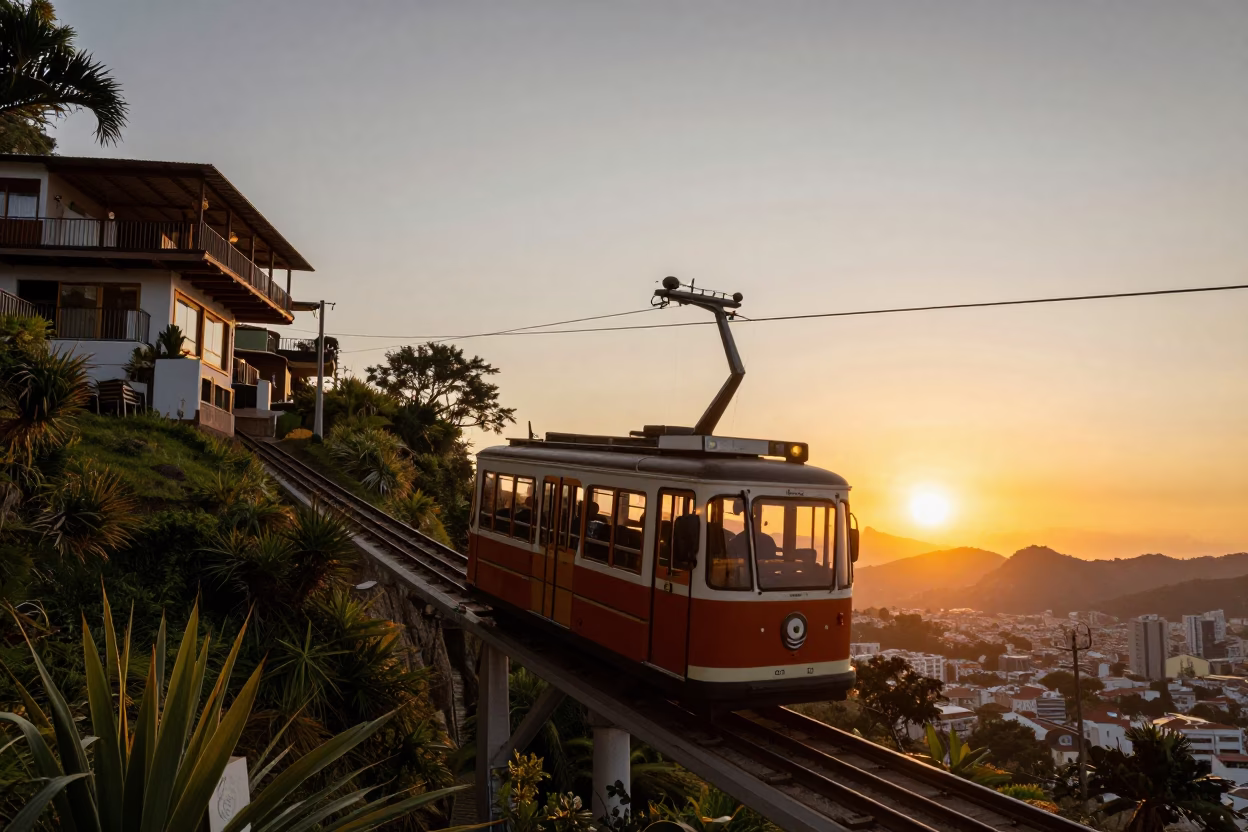 Sunset in Salvador Brazil with Funicular Elevator Approaching Cliffside Restaurant and Local Street Scene in in Salvador, Brazil