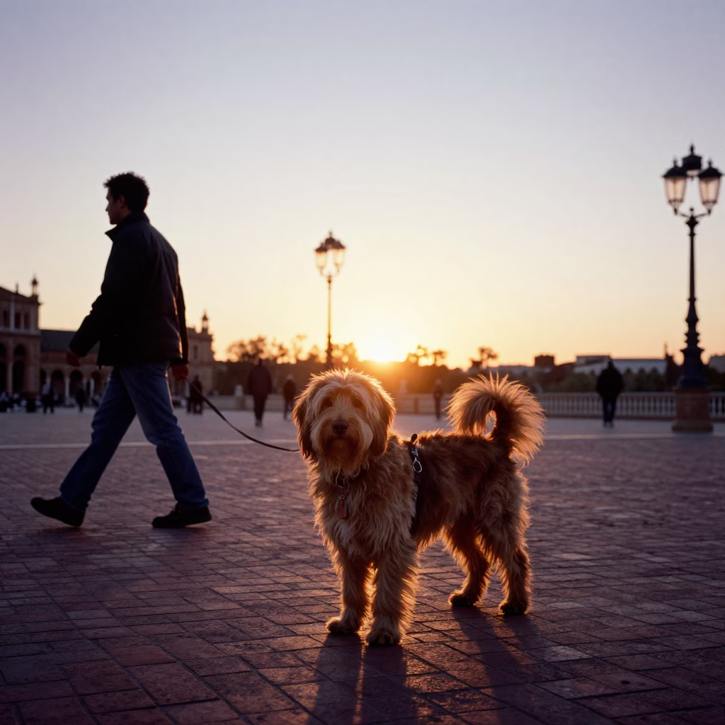 Sunset in Seville Spain Bouvier des Flandres Dog Walking Near Plaza de España in in Seville, Spain