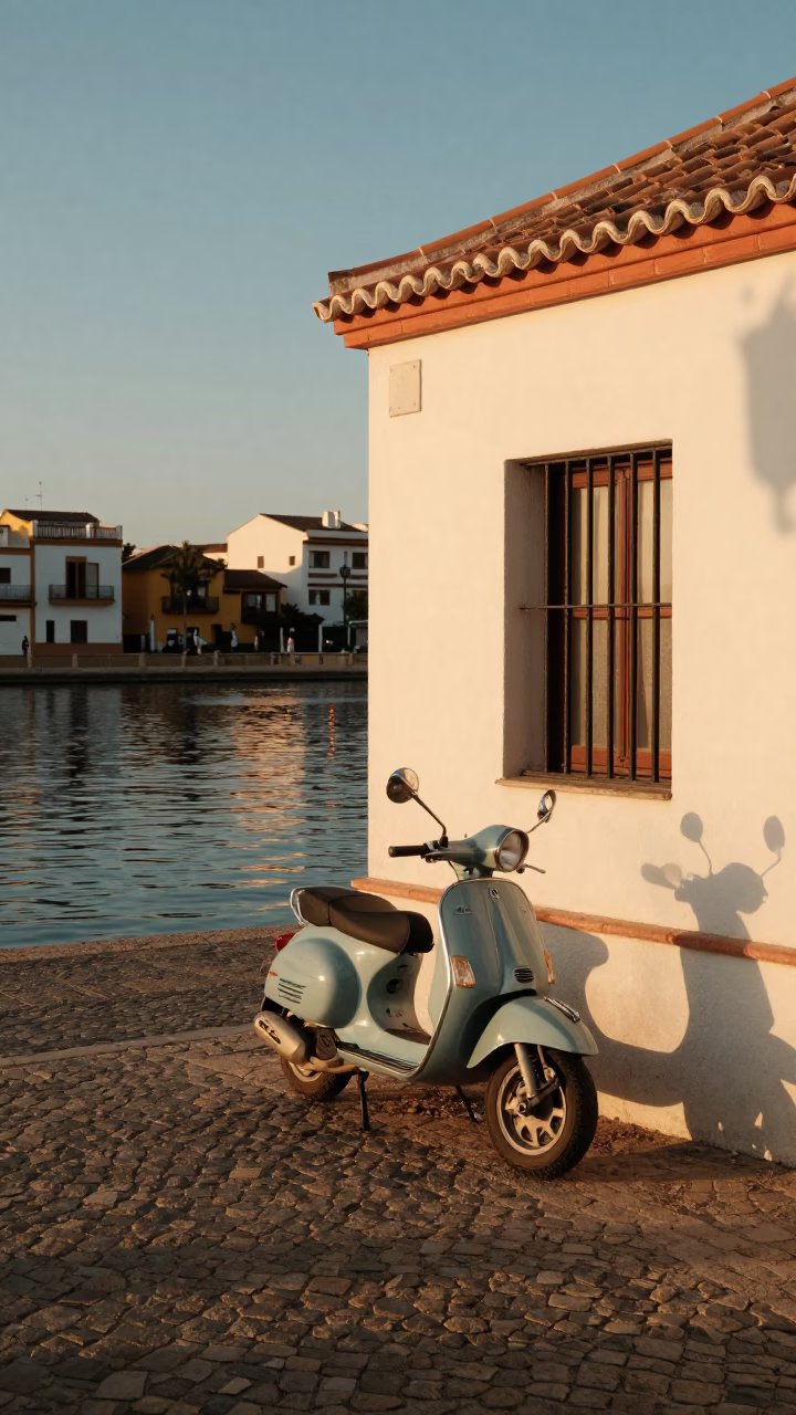 Sunset in Seville Spain Scooter Parked on Harbor Promenade with Window Box in in Seville, Spain