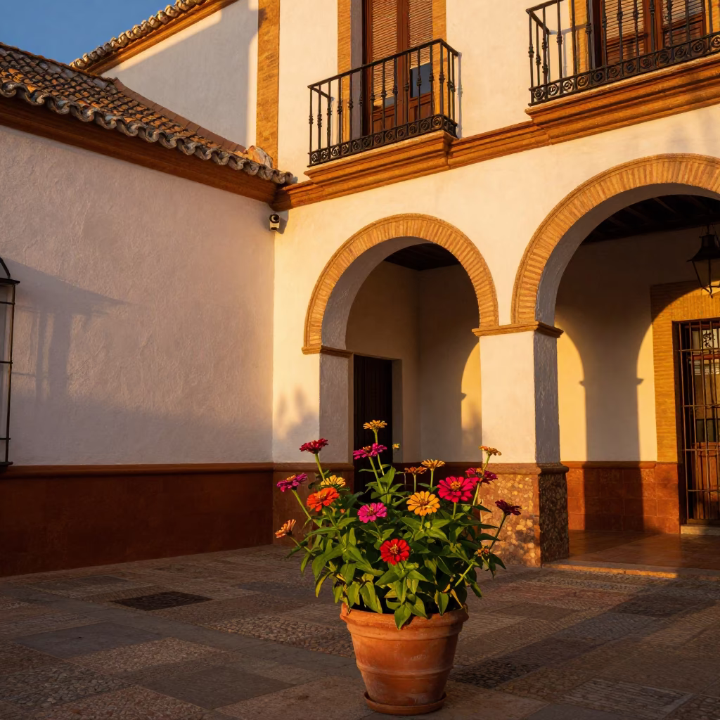 Sunset in Seville Spain Zinnias and Traditional Architecture in in Seville, Spain