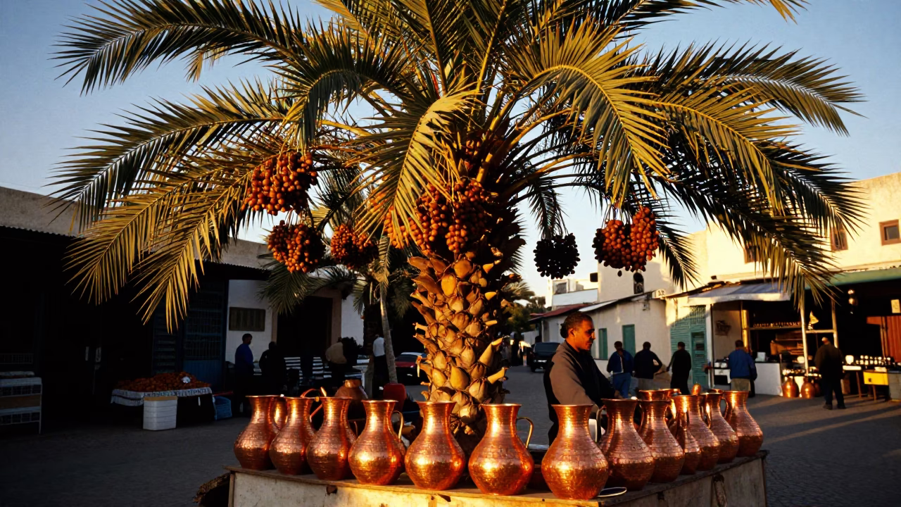 Sunset in Tunis Tunisia Date Palm Amber Clusters Copper Pots Market Scene in in Tunis, Tunisia