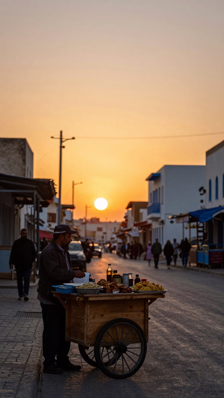 Sunset in Tunis Tunisia Street Scene with Local Cuisine and Traditional Architecture in in Tunis, Tunisia