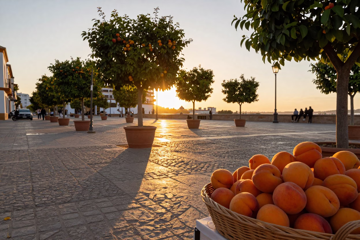 Sunset in Valencia Spain showing street scene with apricots and potted succulents in in Valencia, Spain