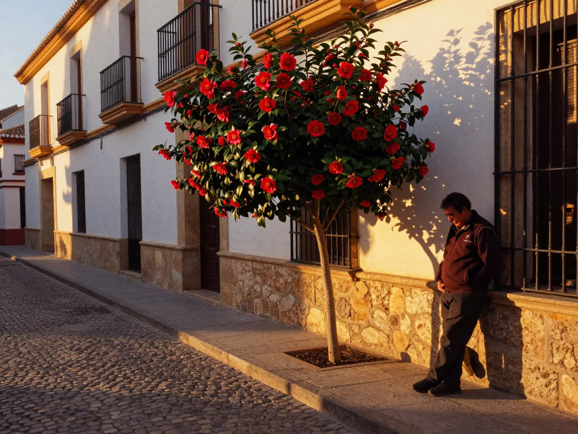 Sunset in Valencia Spain Street Scene with Camellia Shrub and Enamel Pitcher in in Valencia, Spain