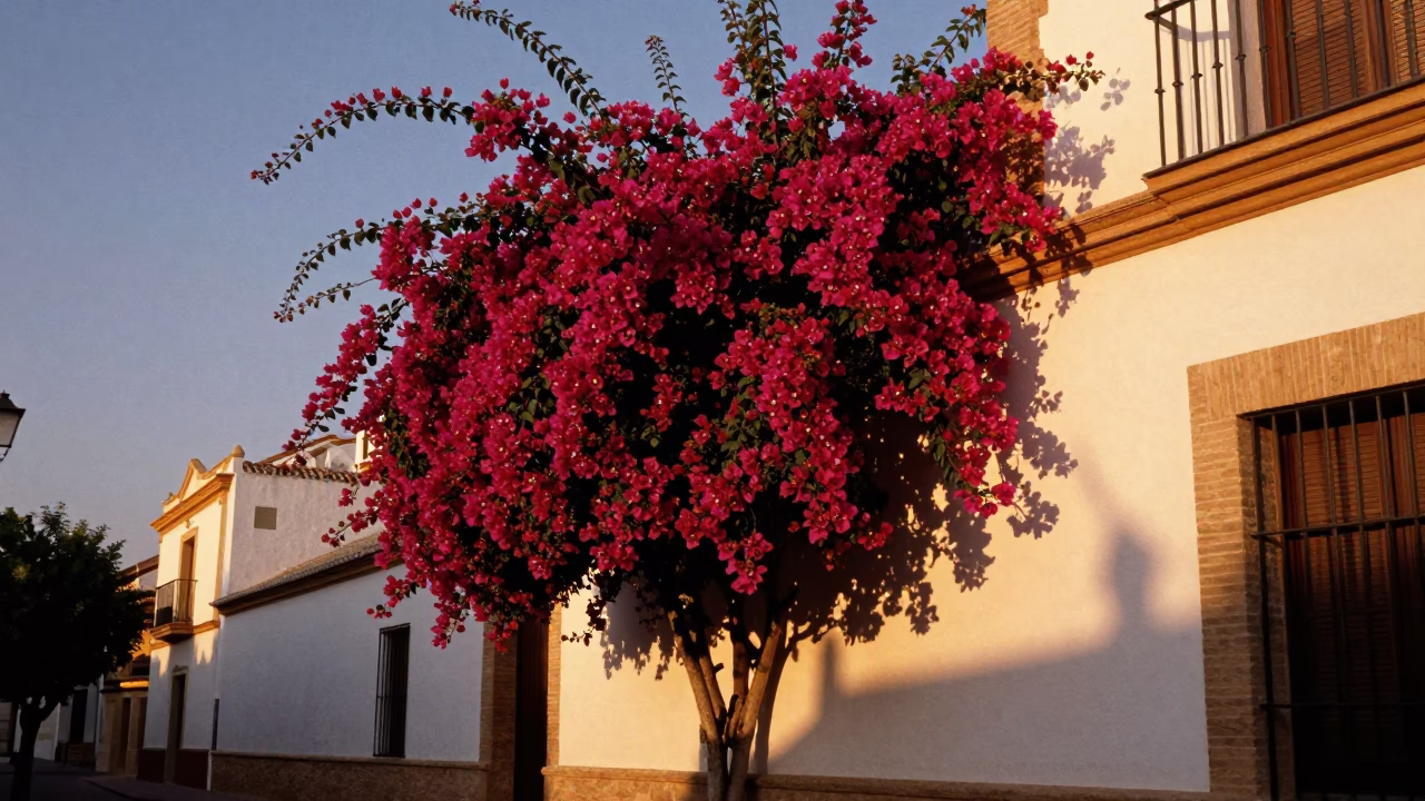 Sunset in Valencia Spain with Bougainvillea and Traditional Architecture in in Valencia, Spain