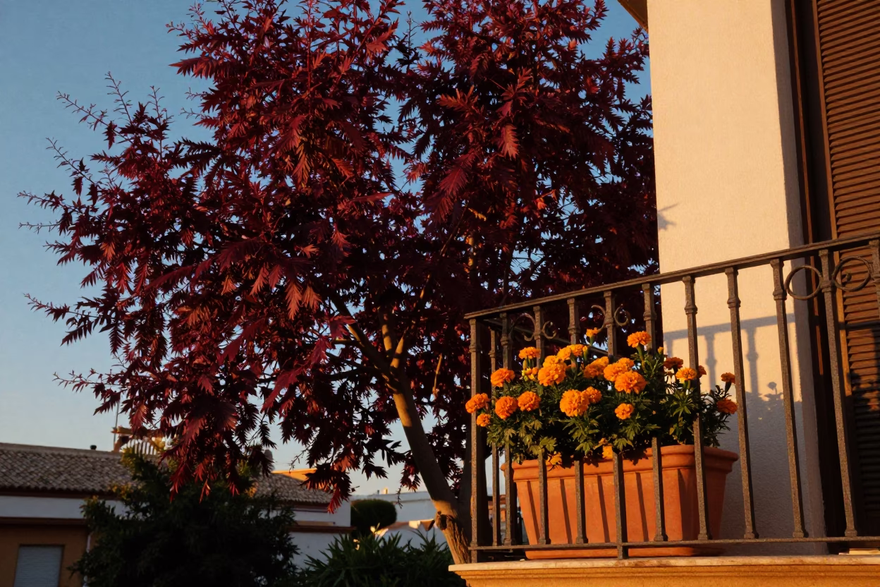 Sunset in Valencia Spain with Copper Beech Tree and Flowerpot on Balcony in in Valencia, Spain