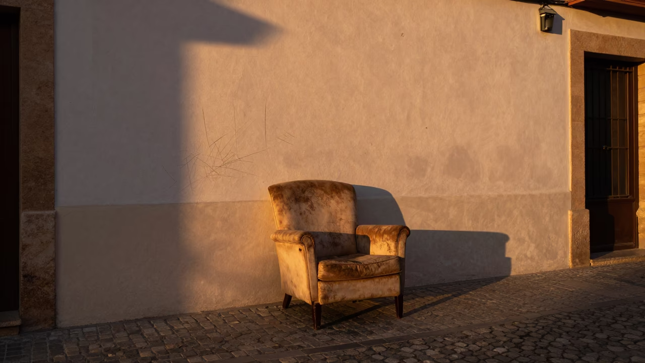 Sunset in Valencia Spain with old armchair and scratches on plaster wall in in Valencia, Spain