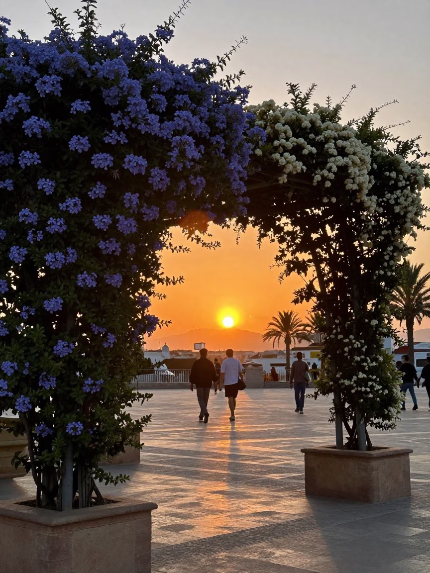 Sunset in Valencia Spain with Plumbago Hedge and Climbing Jasmine Trellis in in Valencia, Spain