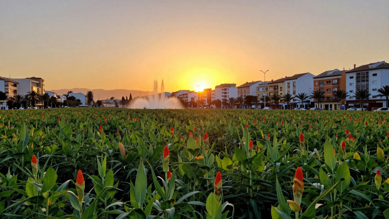 Sunset in Valencia Spain with Turmeric Field and Fountain Spray in in Valencia, Spain