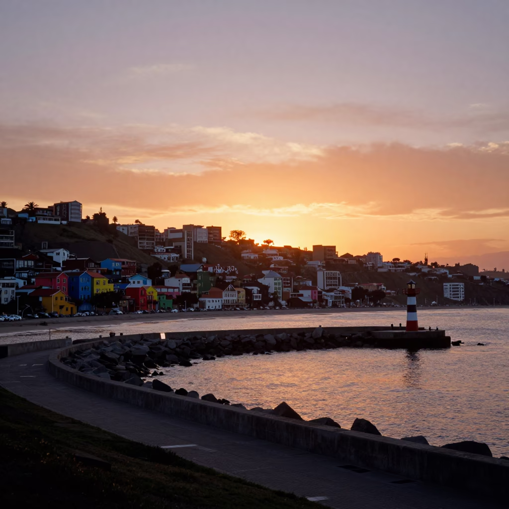 Sunset in Valparaiso Chile showing colorful hills and harbor beacon in in Valparaiso, Chile