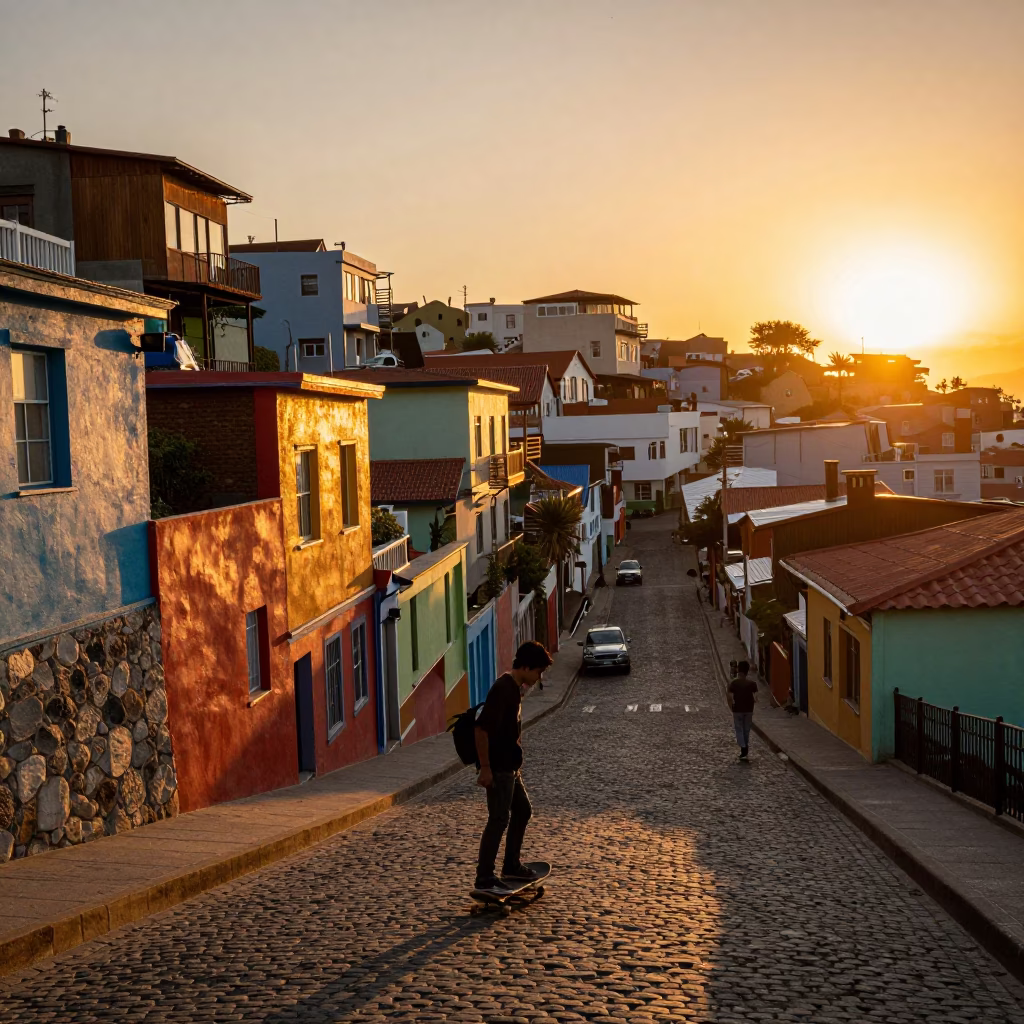 Sunset in Valparaiso Chile Street Scene with Skateboarder and Colorful Architecture in in Valparaiso, Chile