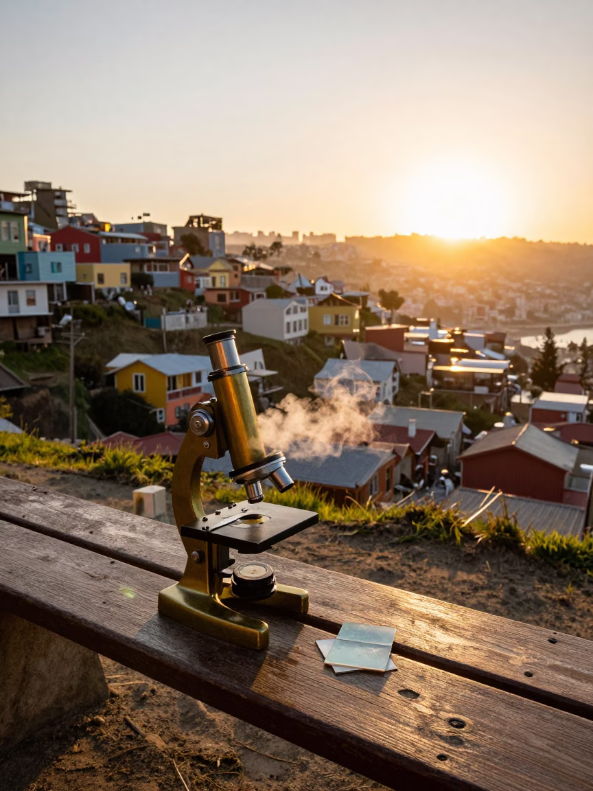 Sunset in Valparaiso Chile with Steam Haze and Vintage Brass Microscope on Wooden Bench in in Valparaiso, Chile