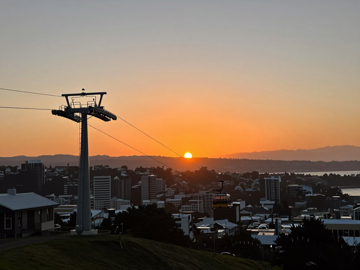 Sunset in Wellington at As The Sun Drops Toward The Horizon in in Wellington, New Zealand