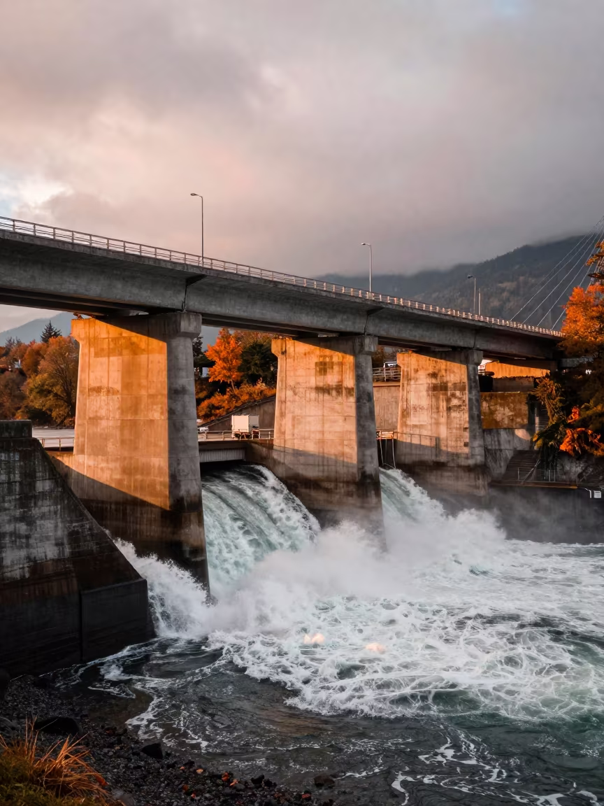 Sunset Intake Structure Under British Columbia Bridge in under a cable-stayed bridge span in British Columbia