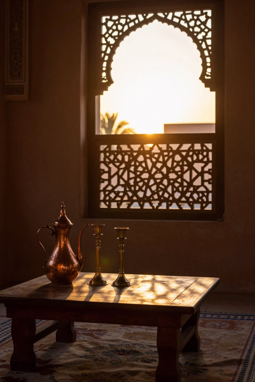 Sunset Interior in Marrakech Medina with Copper Coffee Pot and Candlesticks in in Marrakech, Morocco