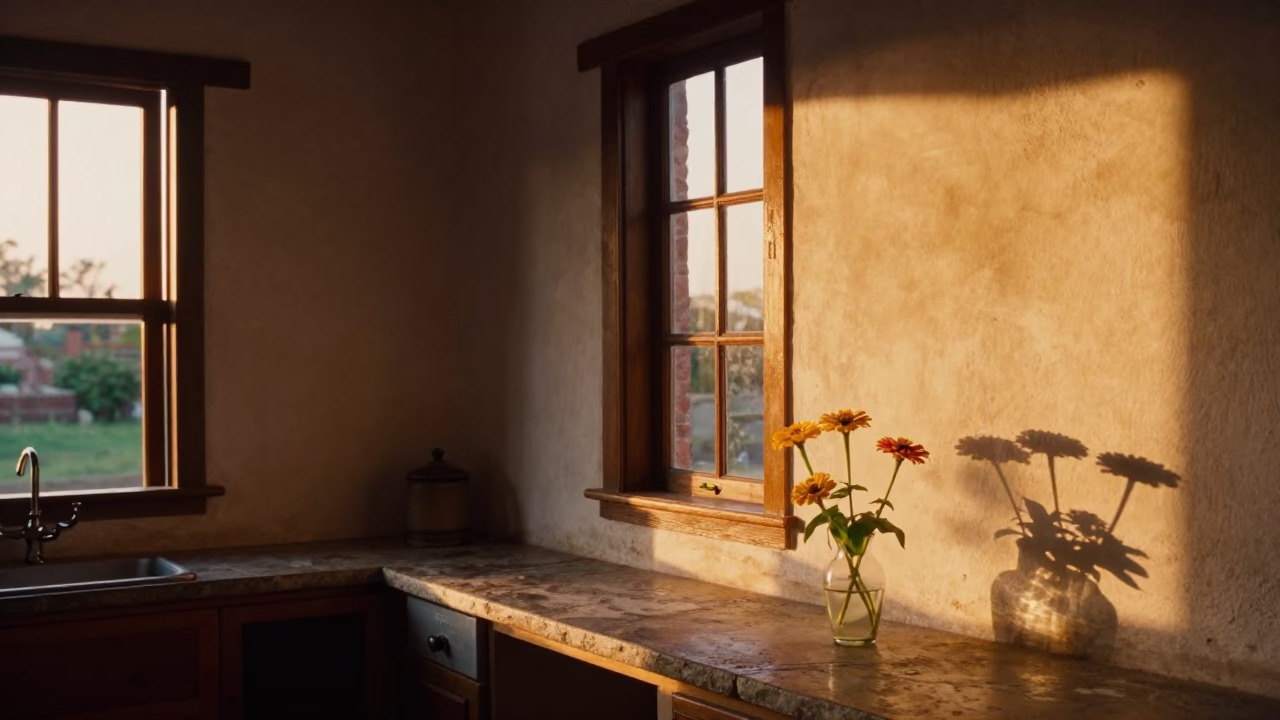 Sunset Interior of Merida Colonial Home with Zinnias and Kitchen Details in in Merida, Mexico
