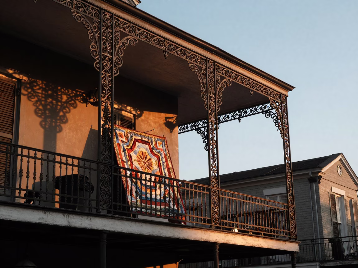Sunset Ironwork and Quilt Display on New Orleans Balcony in in New Orleans, Louisiana, United States
