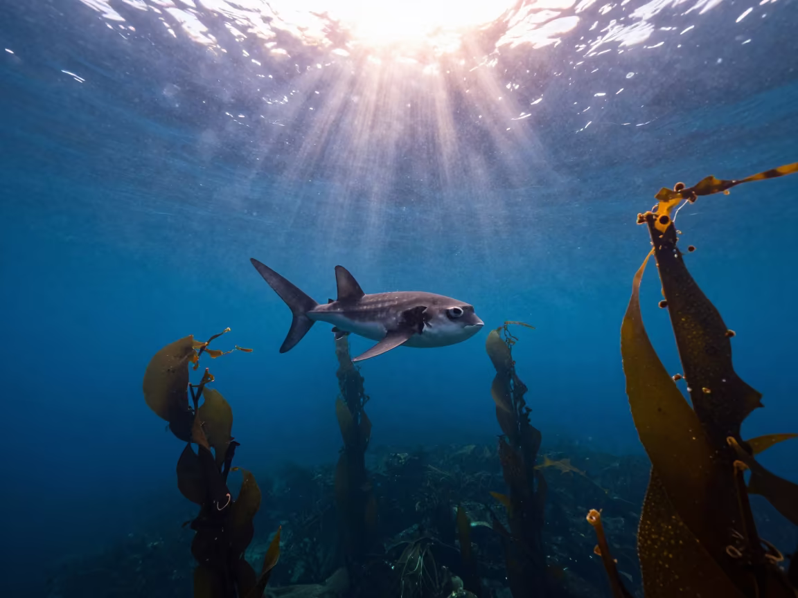 Sunset Kelp Forest Ocean Sunfish Near Sydney in through a forest of kelp fronds near Newtown, Sydney