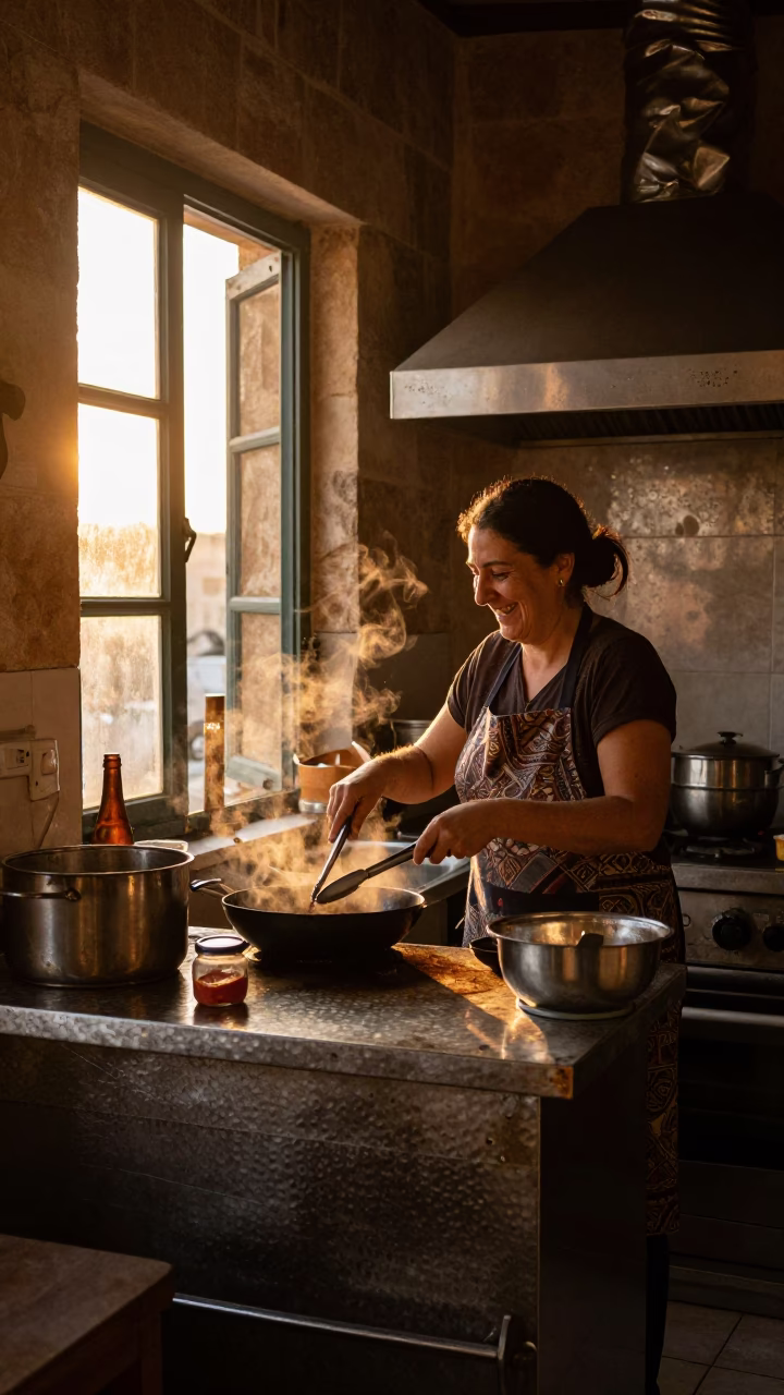 Sunset Kitchen Scene in Beirut With Hammered Metal and Cooking Utensils in in Beirut, Lebanon