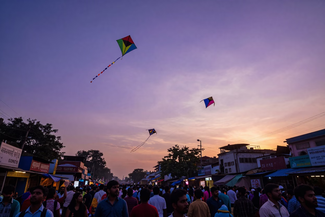 Sunset Kite Festival in Kolkata Sky Above Busy Street Market in in Kolkata, India