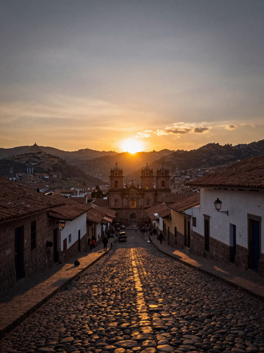 Sunset Landscape in Cusco at As The Sun Drops Toward The Horizon in in Cusco, Peru