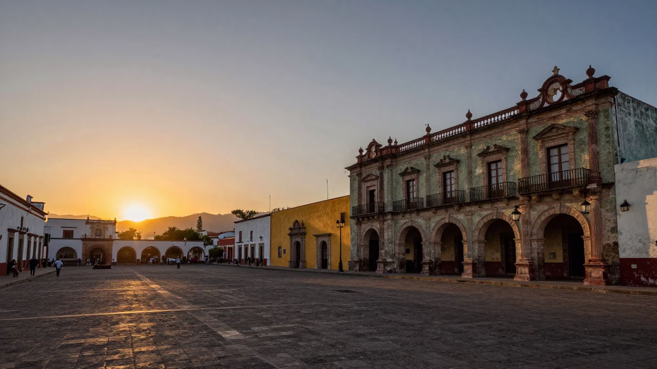 Sunset Landscape of Oaxaca Mexico with Colonial Architecture and Horizon in in Oaxaca, Mexico