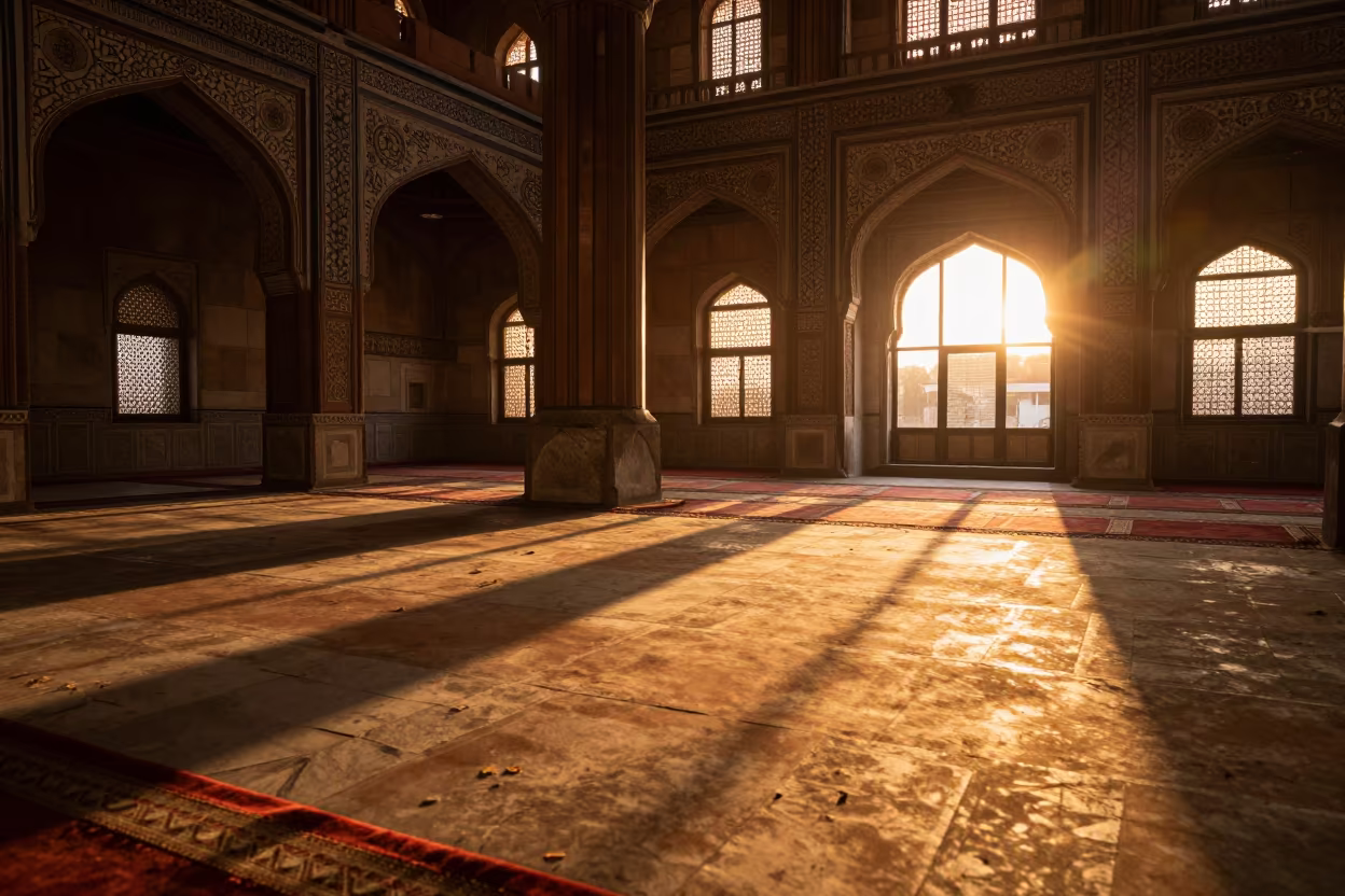Sunset Light on Amritsar Mosque Stone Steps in in a mosque prayer hall in Amritsar
