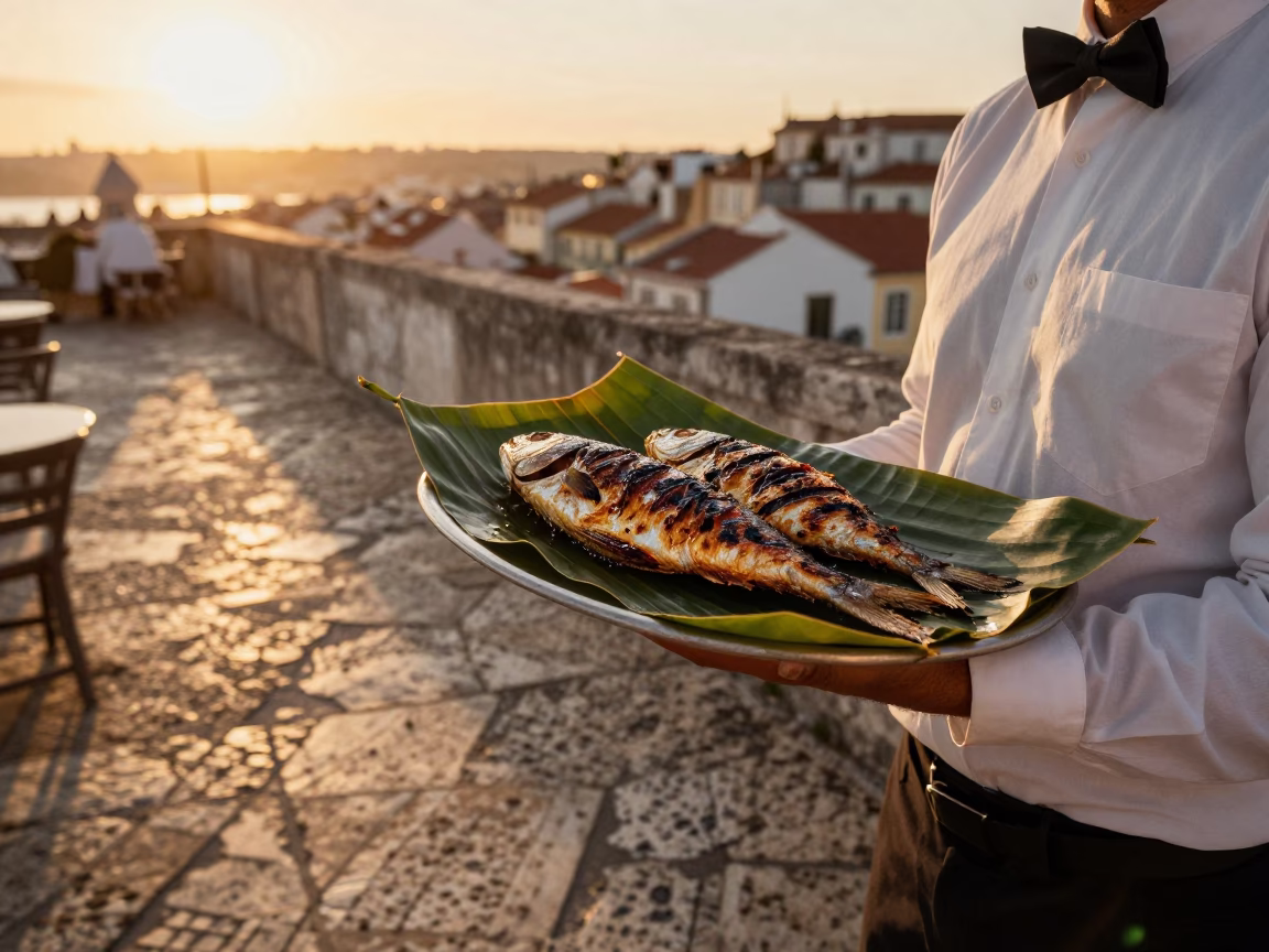 Sunset Light and Banana Leaf Grilled Fish on Traditional Lisbon Restaurant Terrace in in Lisbon, Portugal
