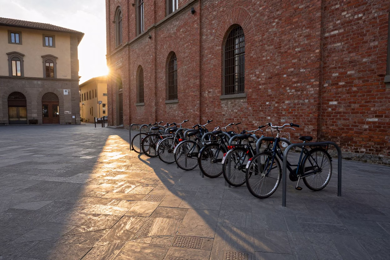 Sunset light and bicycle racks outside red brick Florence building in in Florence, Italy