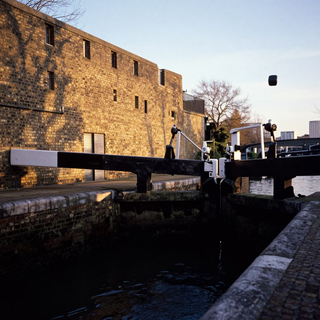 Sunset Light and Canal Lock Gates in London United Kingdom in in London, United Kingdom