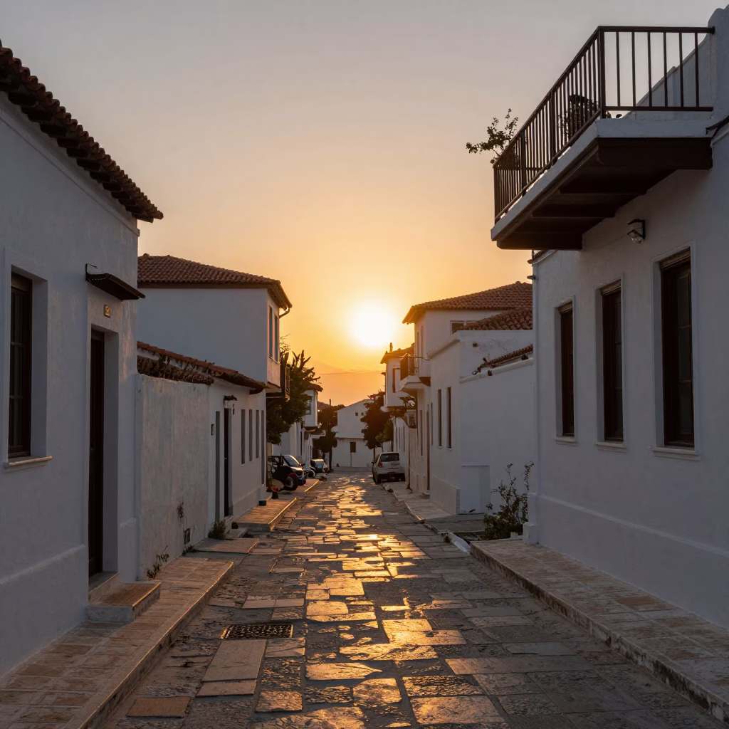 Sunset Light and Daily Life in Athens Greece Neighborhood Street Scene in in Athens, Greece