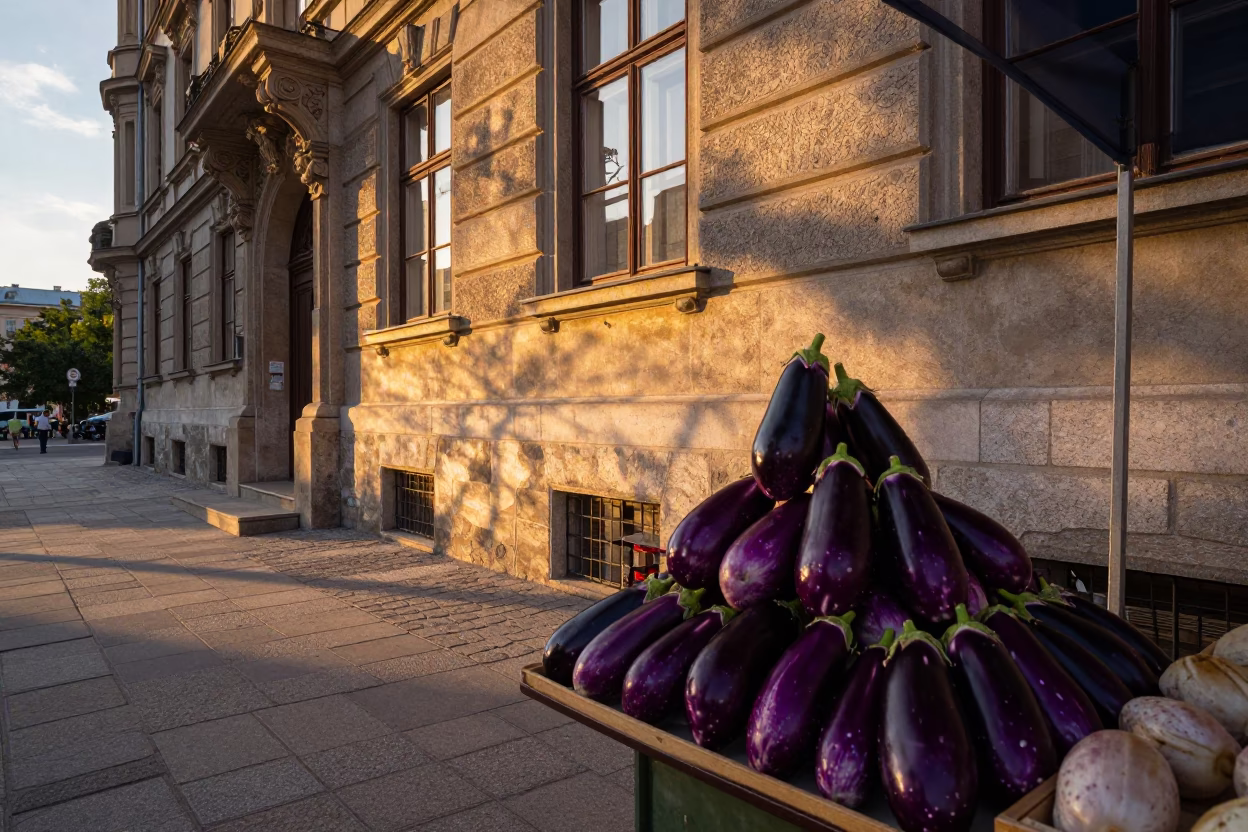 Sunset light and eggplants at Naschmarkt Vienna Austria street scene in in Vienna, Austria