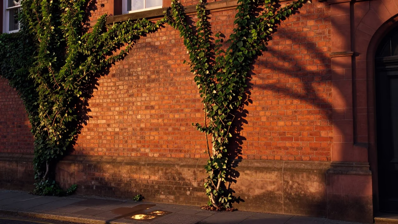Sunset Light and Ivy on Brick Wall in Historic Liverpool United Kingdom Street Scene in in Liverpool, United Kingdom