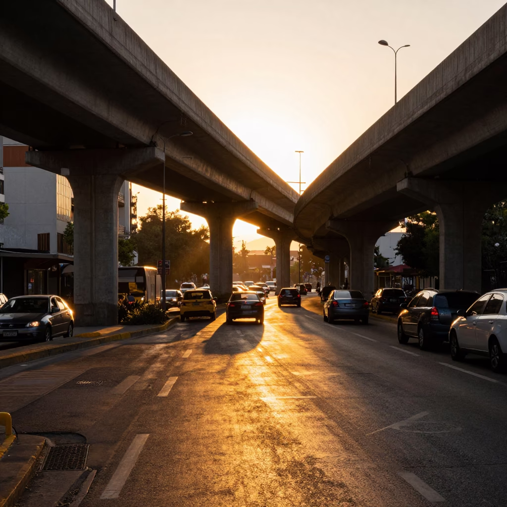 Sunset light and street life in Mexico City with traffic shadows in in Mexico City, Mexico