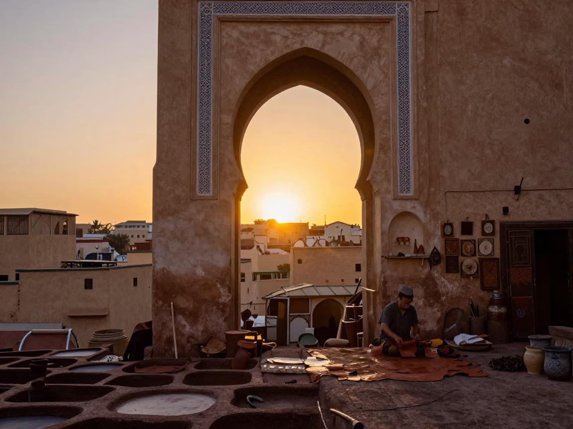 Sunset Light and Traditional Craftsmanship in Fez Morocco Old Medina in in Fez, Morocco