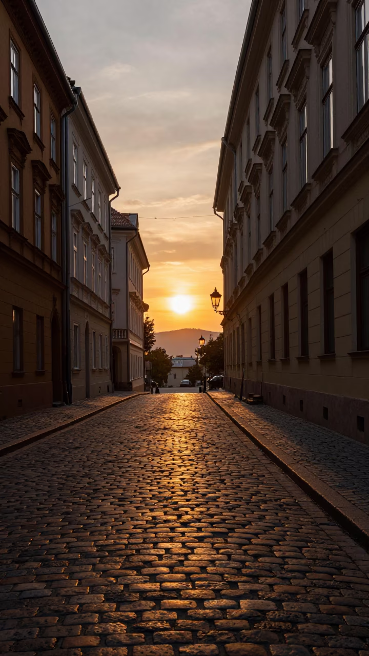Sunset Light at As The Sun Drops Toward The Horizon in Budapest in in Budapest, Hungary