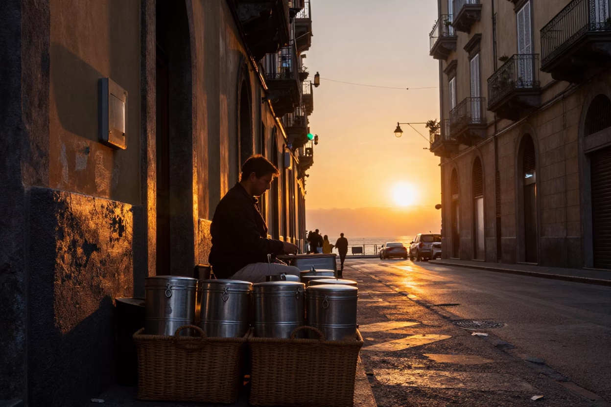 Sunset Light at As The Sun Drops Toward The Horizon in Naples in in Naples, Italy