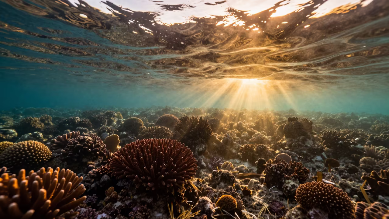 Sunset Light Beams Through Coral Reef Overhang in beside a volcanic reef overhang near Cairns