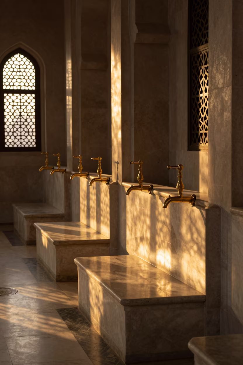 Sunset Light on Brass Taps in Muscat Mosque in in a mosque prayer hall in Muscat