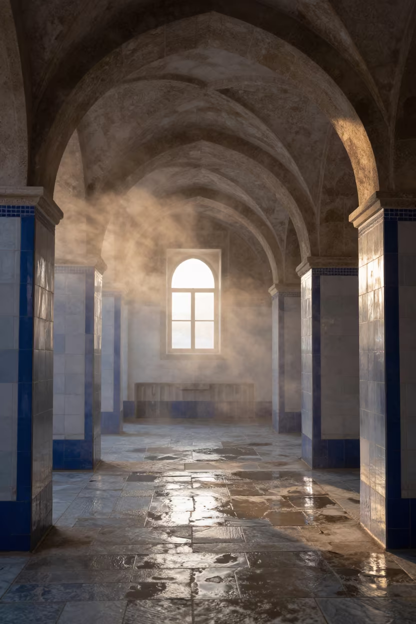 Sunset Light in Cappadocian Tiled Hammam in inside a vaulted atrium in Cappadocia