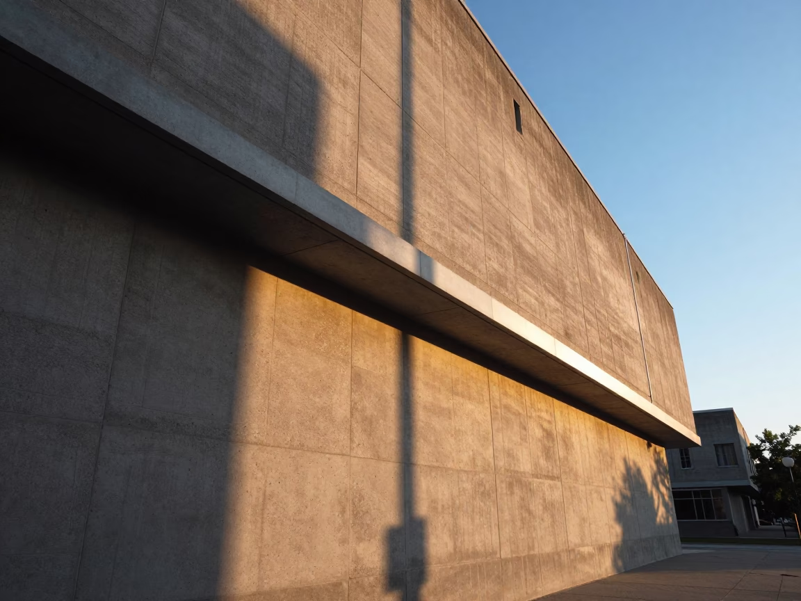 Sunset Light Casting Long Shadows on Montreal Concrete Brutalist Architecture and Urban Street Scene in in Montreal, Quebec, Canada