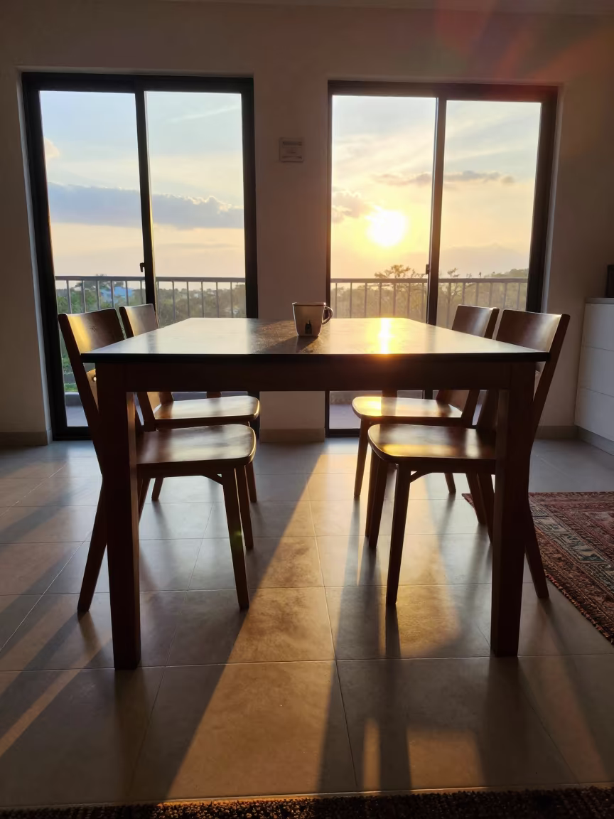 Sunset Light on Crib Wheel Lock Cup in KL Breakfast Room in inside a breakfast room before opening near Kuala Lumpur