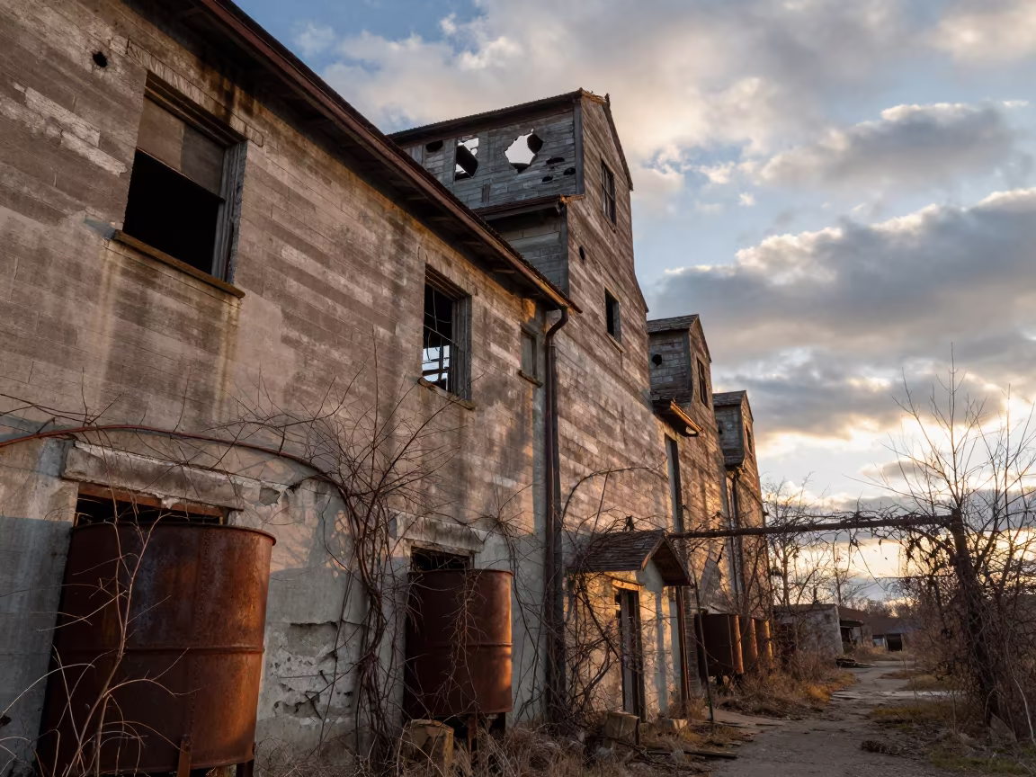 Sunset Light Through Derelict Grain Warehouse Holes in along a vine-choked corridor in Illinois