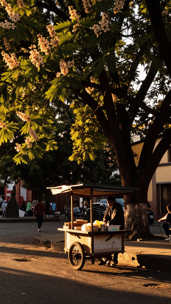Sunset Light Filtering Through Chestnut Husks on a Mexico City Street Vendor Cart in in Mexico City, Mexico