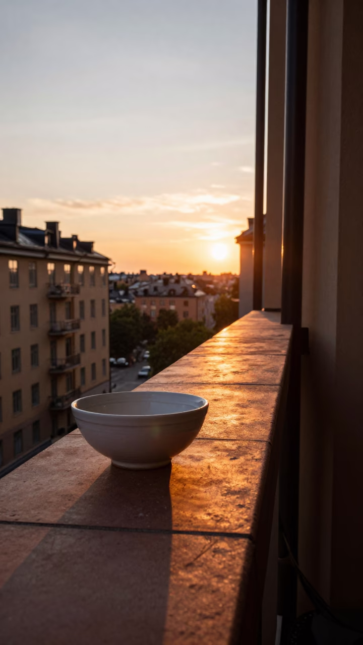 Sunset light hitting Stockholm apartment balcony with ceramic bowl and linen runners in in Stockholm, Sweden
