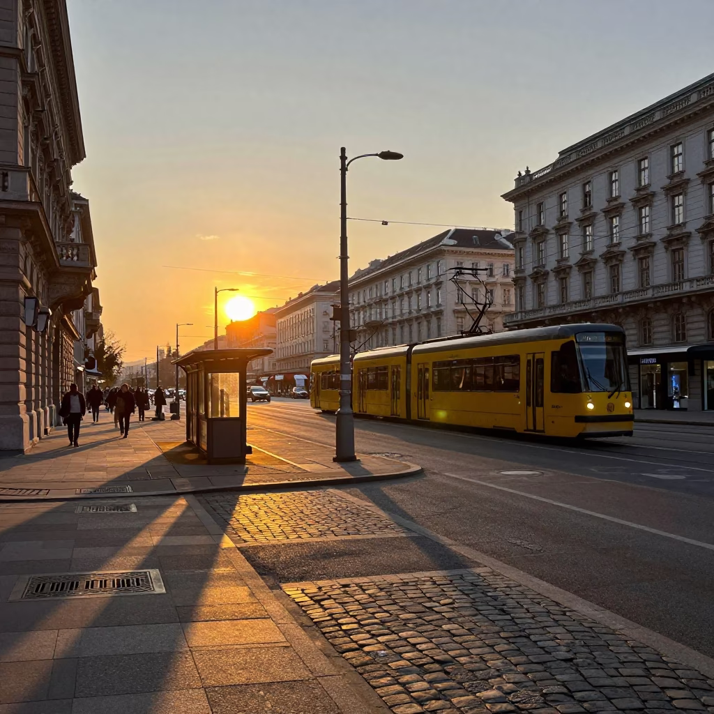 Sunset light illuminates historic Vienna street corner with tram tracks and pedestrians in Austria in in Vienna, Austria